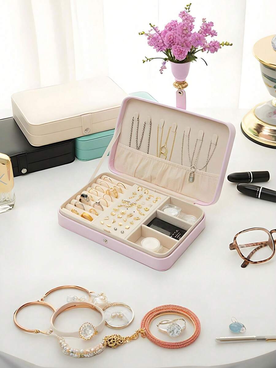 1pc Travel Dual-Layer Jewelry Box, PU Leather Jewelry Storage Box, Snap Closure Pendant Organizer, Large Capacity Jewelry Case, Necklace, Earring, Ring Display Tray