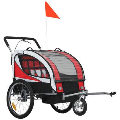  HOMCOM Child Bike Trailer, Baby Bicycle Trailer For 2 Kids With 5 Point Harness, Steel Frame, Reflectors, Ty Flag, Hitch Coupler, Red