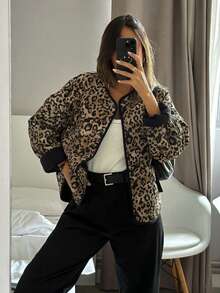 Jaket Musim Dingin Wanita SHIBASHAN Vintage Ringan Motif Leopard Berlapis dengan Kantong, Lengan Panjang, Leher Bulat - Macan Tutul - View 4