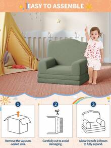 Kids Couch,2-in-1 Mini Toddler Couch Fold Out,Convertible Sofa To Lounger,Foam Kids Sofa With Soft Sherpa,Comfy Kids Chair With Cute Wave Design,Gift For Girls Boys,1PCS - Verde - Ver 4