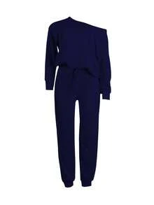 Plus Size Casual Solid Color One-Shoulder Top And Pants Two Pieces Set, For Home And Daily Wear, Autumn Elegant Spring - Navy Blue - View 3