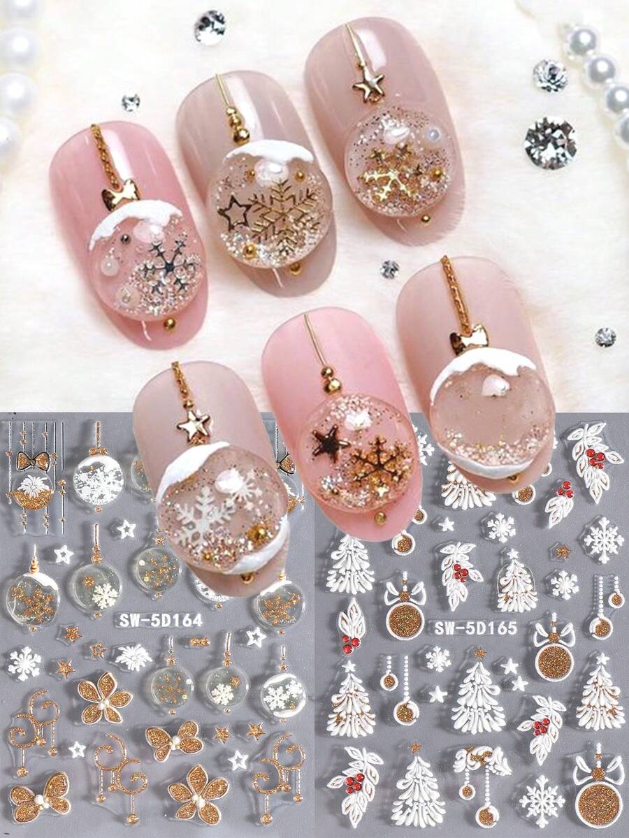 2 pezzi di adesivi per unghie natalizi 5D con glitter, cristalli, fiocchi di neve, alberi di Natale, stelle, fiocchi, lanterne, bacche di agrifoglio, effetto olografico, stile Y2K, per decorazioni natalizie e di Capodanno, autoadesivi per arte di unghie