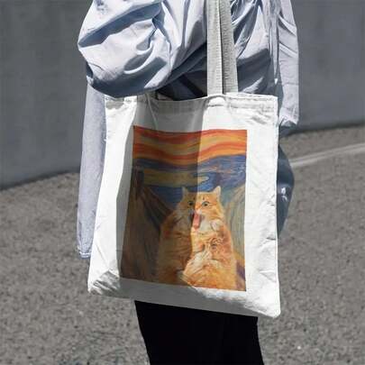 Women's Lightweight Large Capacity Canvas Tote Bag - Van Gogh Style Cat And Sunset Print, Durable Polyester Beach Shopping Bag, Suitable For Shopping, Camping, Commuting - Reusable Gift For Cat Lovers, Students, Teachers (Beige), Artistic Design Casual Handbag, Portable Shoulder Strap