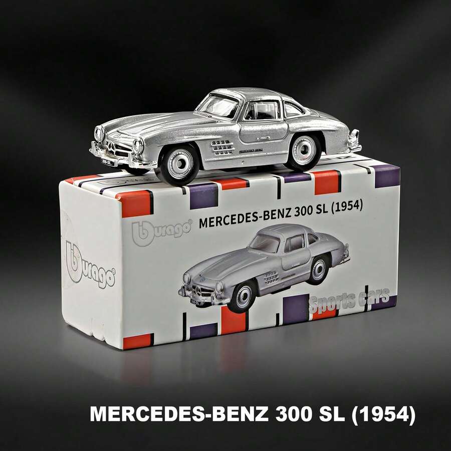 Burago Model Mobil Mini Diecast Skala 1/64 Berlisensi Resmi - //Cadillac/Chevrolet | Dekorasi Meja & Hadiah Ulang Tahun untuk Pria - MERCEDES-BENZ 300 SL (1954) - Perak - View 1