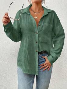 Women'S Casual Long Sleeve Button-Up Shirt - Brown Textured Fabric, Open Front, Loose Fit, Summer Style, Perfect For Casual Attire, Casual Summer Wear | Buttonup Shirt | Textured Fabric - 綠色 - 查看 3