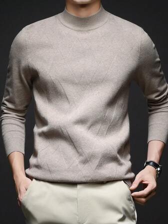 Tunn stickad herrtröja, stående krage, avslappnad stil, affärs-/pendlingskläder, höst/vinter, långärmad topp