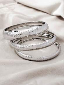 Set de 3 piezas de pulseras circulares de lujo, set de joyas de moda con textura martillada, adecuado para galas, citas, fiestas, reuniones y regalos festivos de mujer - Plateado - Ver 8