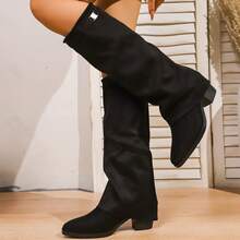 Women's New European And American Pointed Toe Shaft Boots, Suede Over-The-Knee Cowboy Boots, Versatile Heeled, Autumn/Winter - Black - View 4