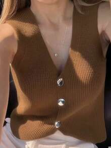 Nadia Women's Fashion Vest With Button - Khaki - View 1