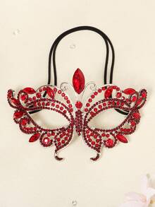 1pc Glass Rhinestone Butterfly Masquerade Mask, Unique Face Decor For Halloween Party - Red - View 7