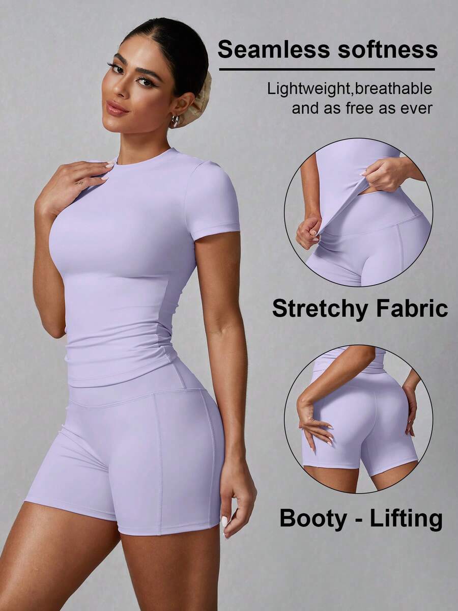Conjunto deportivo de verano para mujer de unicolor simple con pantalones cortos y manga corta - Morado - Ver 1