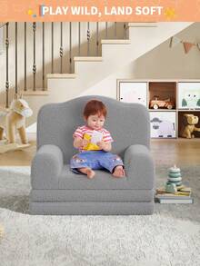 Kids Couch,2-in-1 Mini Toddler Couch Fold Out,Convertible Sofa To Lounger,Foam Kids Sofa With Soft Sherpa,Comfy Kids Chair With Cute Wave Design,Gift For Girls Boys,1PCS - Gris - Ver 2