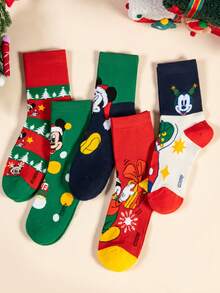1/5/10 Pairs Disney Men's Mid-Calf Socks With Mickey Mouse Wearing Christmas Hat, Fun Christmas Socks For Autumn/Winter - Multicolor - View 5