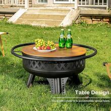 38 Inch Wood Burning Fire Pit For Outside, Round Firepit With Grill & Metal Lid, Metal Outdoor Fire Pit Table For Patio Backyard Garden Bonfire Party - 32英吋 - 查看 3