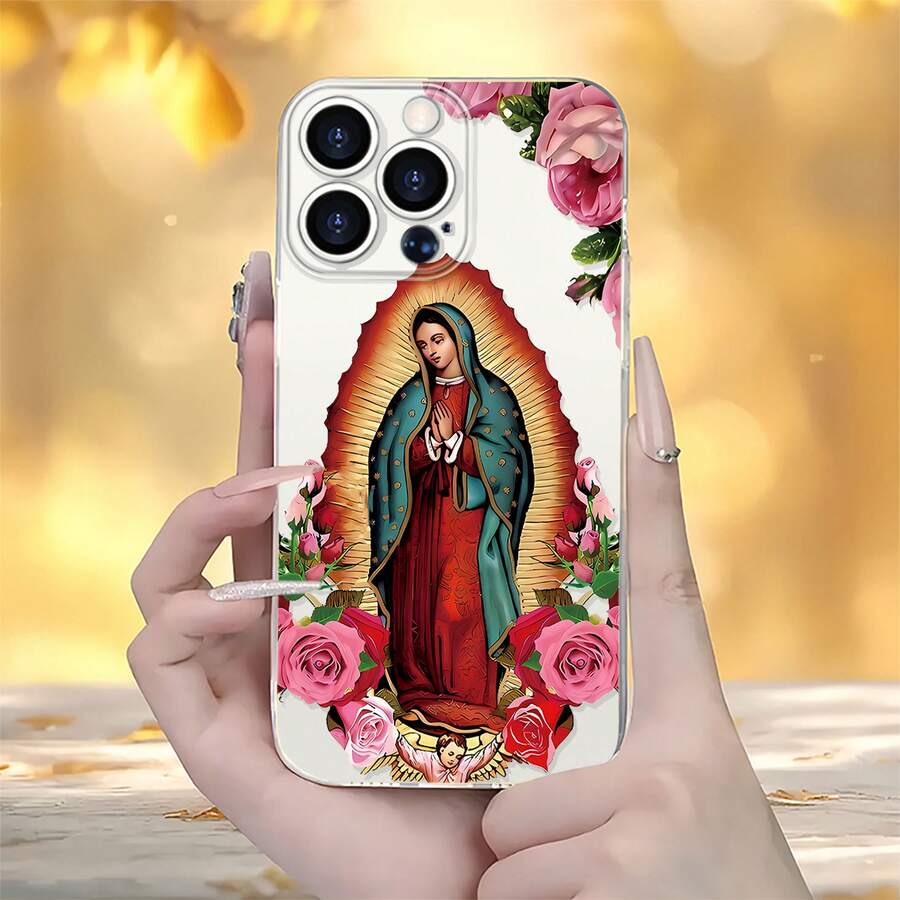 Funda para teléfono con diseño de la Virgen de Guadalupe y Rosas, compatible con iPhone 16, 15, 14 Pro Max, 13, 12, 11, XR y XS Plus. Fabricada en silicona TPU, ofrece protección contra golpes y caídas, además de una excelente sensación al tacto. Es el regalo ideal para familiares, amigos y seres queridos. - transparente - Ver 1