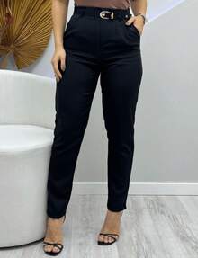 Tailored Trousers With Simple Lined Belt - màu đen - Xem 2