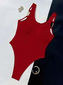 Women's Solid Color Square Neck Buckle Strap One-Piece Swimsuit. The Square Neckline Design With Wide Strap Is Very Suitable For Vacation. - Red - View 4