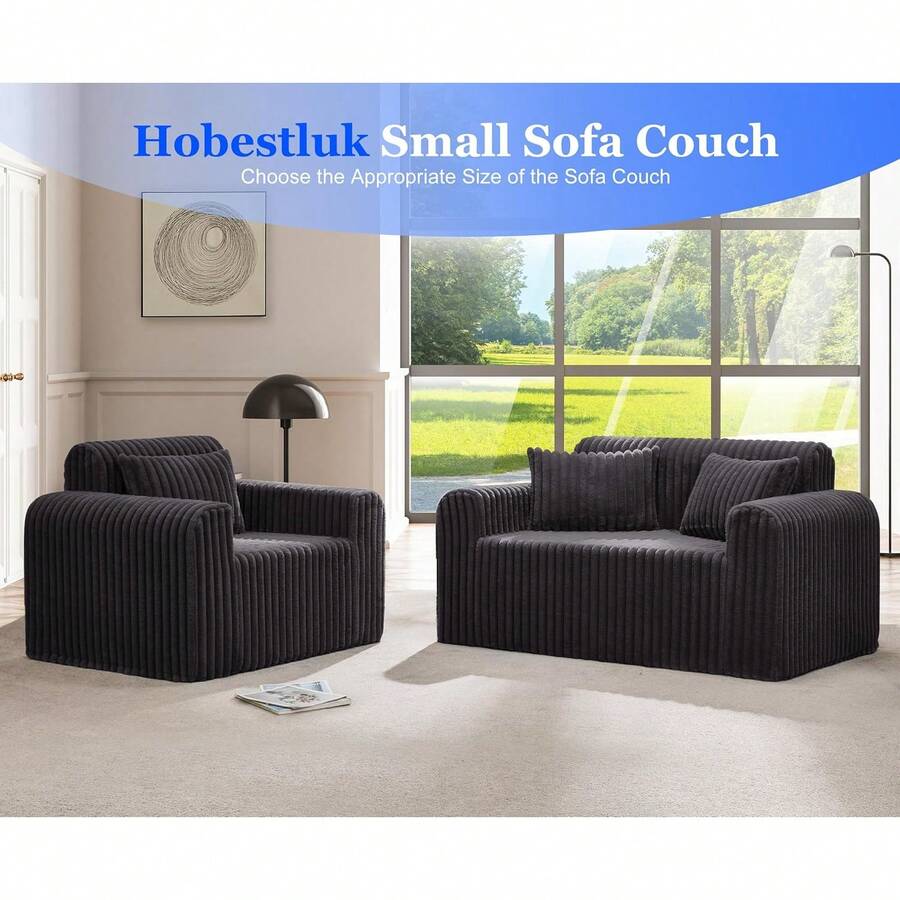 Couch Sofa 2-Seater Foam Sofa Loveseat For Small Spaces Comfy Sofas With Removable Cover Furry Couch With Pillows For Living Room, Bedroom, Apartment, Office (Dark Grey, Loveseat) - 深灰色 - 查看 1