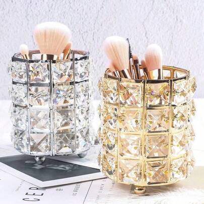 Metal Makeup Brush Storage Tube Eyebrow Pencil Makeup Organizer Bead Crystal Jewelry Storage Box
