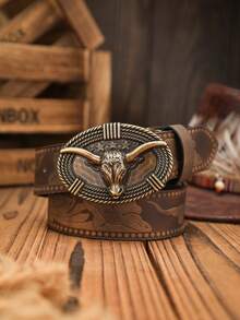 1pc Western Cowboy Style Bull Head Buckle Leather Belt, Fashion PU Material Unisex Retro Belts, 4 Colors Available - Ox - View 13