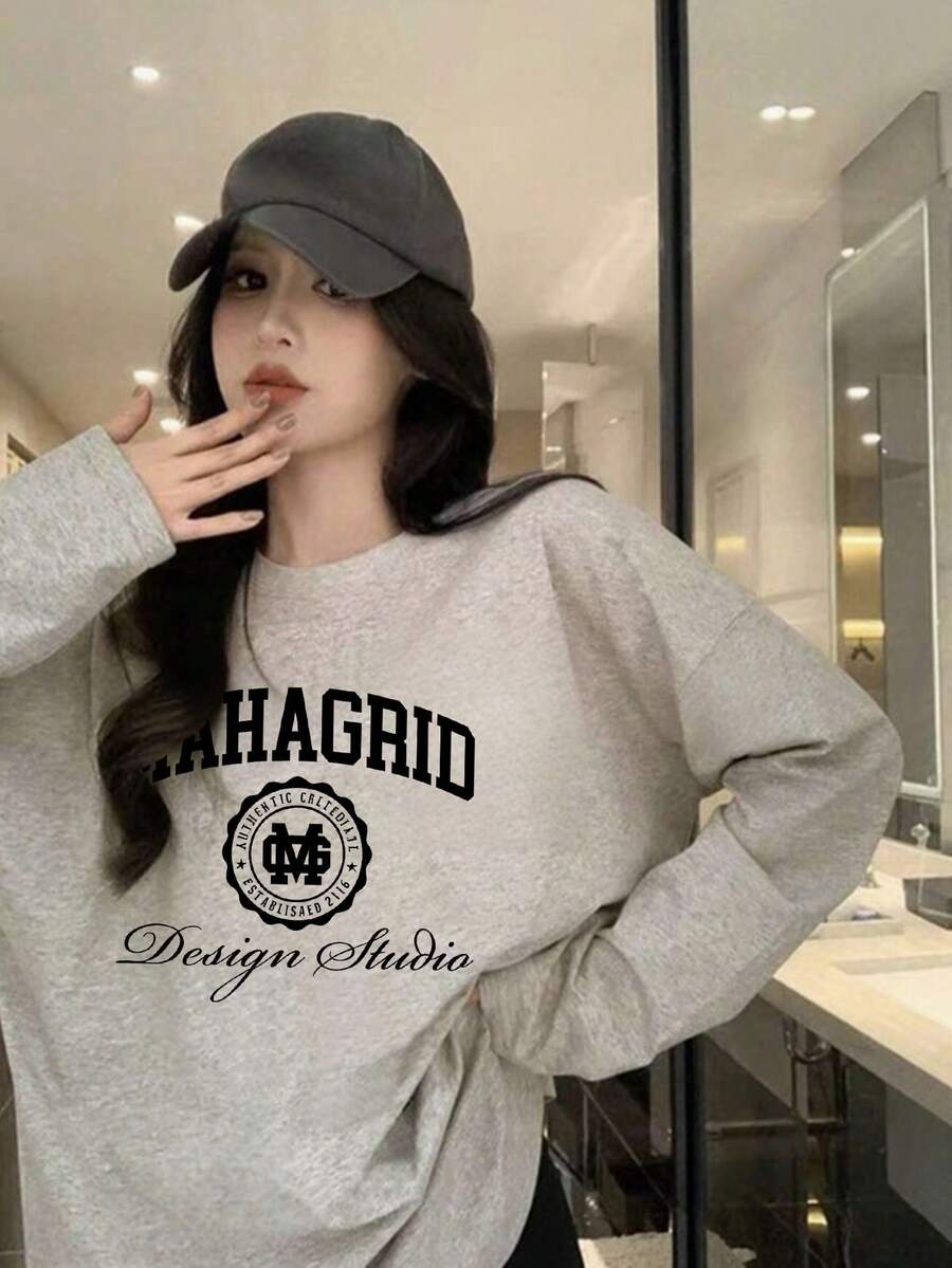 女式棉质字母印花长袖圆领 T 恤,秋季休闲宽松分层上衣 - 灰色 - 查看 1