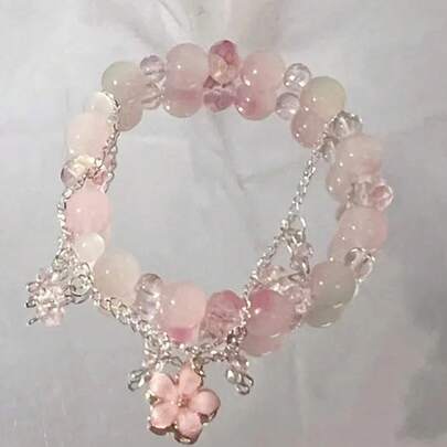 1pc Sweet Mori Style Clover & Cherry Blossom Bracelet, Unique Design For Students And Best Friends, Perfect Gift For Women (Flower Style May Vary Slightly From The Actual Product)