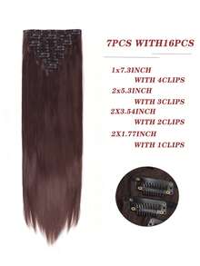 Tóc nối thẳng dạng kẹp, dài 18-32 inch, bộ 7 món, 16 kẹp, màu ombre, sợi chịu nhiệt, dành cho phụ nữ và bé gái, tóc nối dài thẳng màu ombre đen, sợi chịu nhiệt, kiểu tóc nữ. - Màu nâu tối - Xem 3