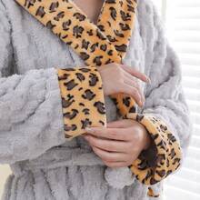 1pc Bathrobe, Loungewear, Sleepwear, Hooded, Pockets, Leopard Print Trim, 3D Texture, Fluffy, Soft, For Bathroom, Bedroom, Living Room, Pool, All Seasons Warm Winter Decor - Multicolor - View 9