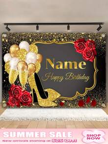 1pc Customized Name Glitter Black & Gold Birthday Background Vinyl Backdrop, Personalized Wall Hanging Decor For Anniversary Celebration Decoration - Multicolor 2 - View 4