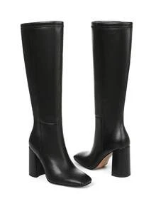 Knee High Boot Women's Heeled Boots Square Toe Wide Calf Knee High Boot With Sider Zipper Block Heels For Women Fashion Fall Shoes Formal Long Boots - 黑色 - 查看 6