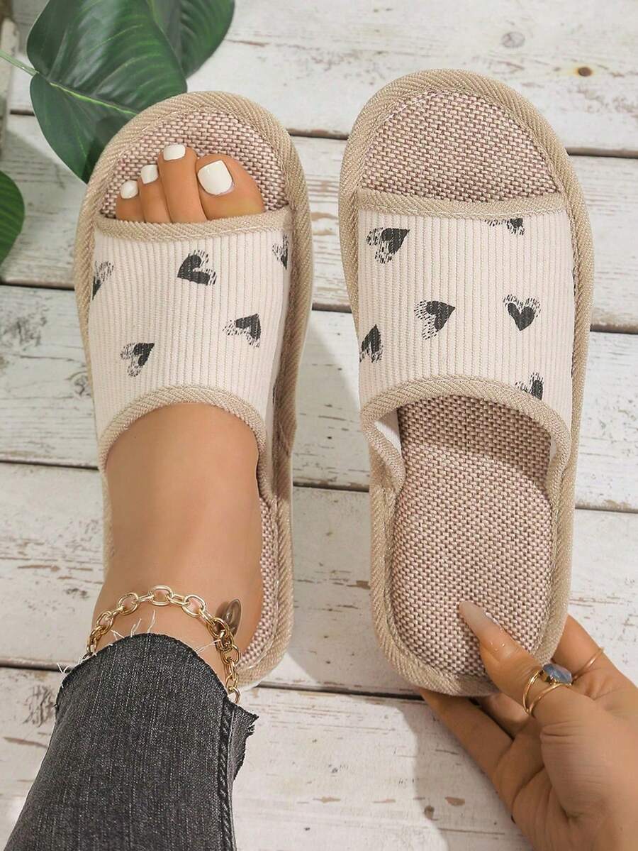 Women's Heart Print House Slippers, Comfortable Indoor Linen Slippers With Non-Slip Thick Soles, Suitable For Summer Home Use