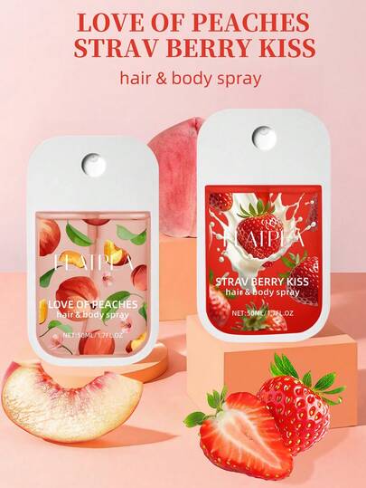 50ml 女士香氛身体喷雾，桃子和草莓香味，持久淡雅香氛，保湿头发和身体喷雾，不含酒精，旅行装，是送给女性日常使用、约会、度假的理想礼物
