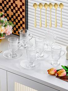 Set da 6 pezzi, Set di tazze da tè turche, Set di tazze da tè marocchine dorate eleganti in stile arabo, include 6 tazze, 6 piattini con cucchiaini da caffè dorati, adatto per feste e tè pomeridiano - trasparente - Visualizzare 14