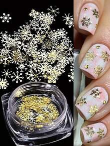 1盒雪花金属美甲饰品，3D金色雪花混合9种雪花图案设计，冬季圣诞节可爱美甲装饰，DIY美甲沙龙美甲用品 - 金色 - 查看 1