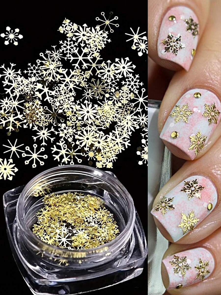 1盒雪花金属美甲饰品,3D金色雪花混合9种雪花图案设计,冬季圣诞节可爱美甲装饰,DIY美甲沙龙美甲用品 - 金色 - 查看 1