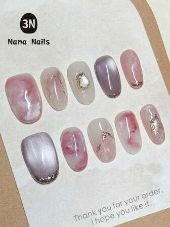 1 包/10 件纯手工椭圆形秋季按压指甲片 | 日式水墨渐变柔和浪漫柔和风格自粘持久日常佩戴美甲适合女性女孩 | 温柔优雅的指尖装饰