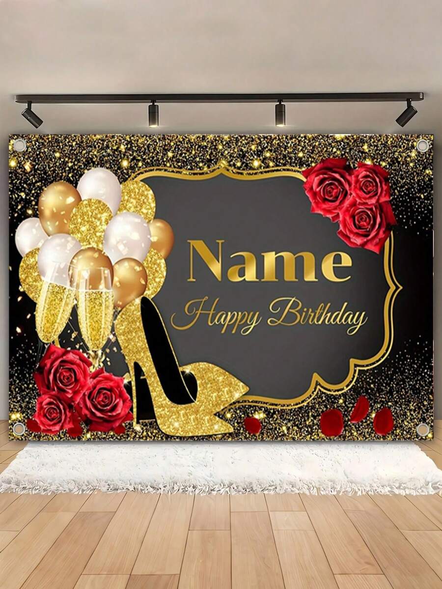 1pc Customized Name Glitter Black & Gold Birthday Background Vinyl Backdrop, Personalized Wall Hanging Decor For Anniversary Celebration Decoration