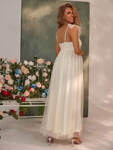 Asymmetrical Shoulder Strap Lace Trim Mesh High Slit Hem Maternity Dress, Suitable For Weddings - Apricot - View 2