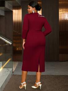 AOMEI Elegant Classy Plus Size Midi Cocktail Dress With V Neck Long Sleeves Ruffle Hem And Delicate Pearl Embellishment Christmas Clothes New Year Dress - Burgundy - View 2