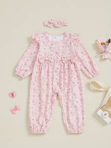 Infant Baby Girl Outfit Goose Heart Print Crew Neck Long Sleeve Jumpsuit Newborn Romper Fall Winter Clothes Headband - 粉色 - 查看 6