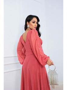 Women's Long Aurora Tulle Dress With Shiny Long Sleeves - 肉桂玫瑰 - 查看 5