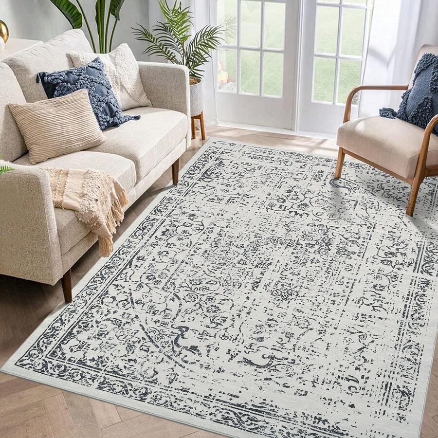 Vintage Distressed Floral Hallway Carpet Machine Washable Non-Slip Indoor Long Rug Throw RugLow Pile Rugs Floral Retro Ultra-Thin Carpet For Living Room Bedroom - Grey - View 1