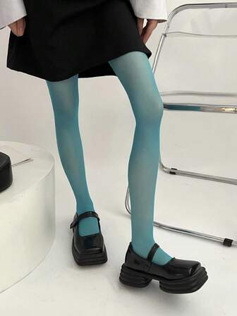 女士纯色糖果色连裤袜 - 春季薄款无缝透明踩脚裤袜