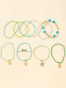 10pcs/Set Rice Bead, Glass Crystal & Alloy Beaded Elastic Bracelet, Women Ocean Holiday Fresh Blue Fashion Jewelry