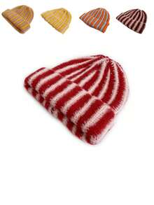 1pc Stylish Contrast Color Striped Knit Beanie Hat, Warm Reversible Cuff Unisex Autumn/Winter