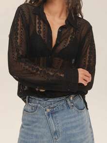 Women Sheer Lace Blouse Loose Casual Long Sleeve Button-Up Collared Shirts For Spring Fall - Black - View 5