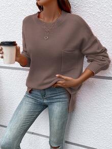 Women's Casual Crew Neck Pullover Solid Color Drop Shoulder Patch Pocket Sweater - Maroon - View 5