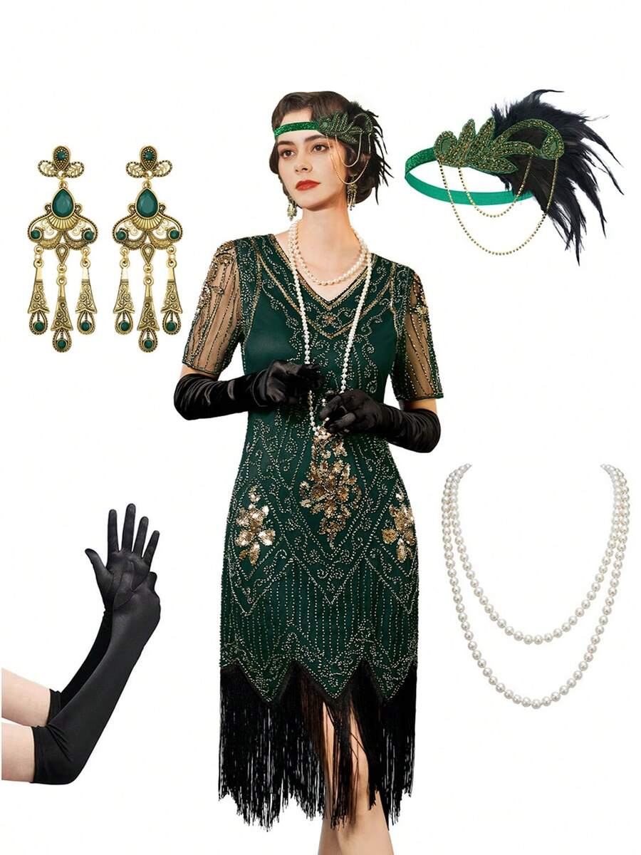 Plus Size XXXL Women's Flapper Dresses 1920s Fringed Sequin Great Gatsby Dress With 20s Accessories -Roaring 20s Costumes - 綠色 - 查看 1