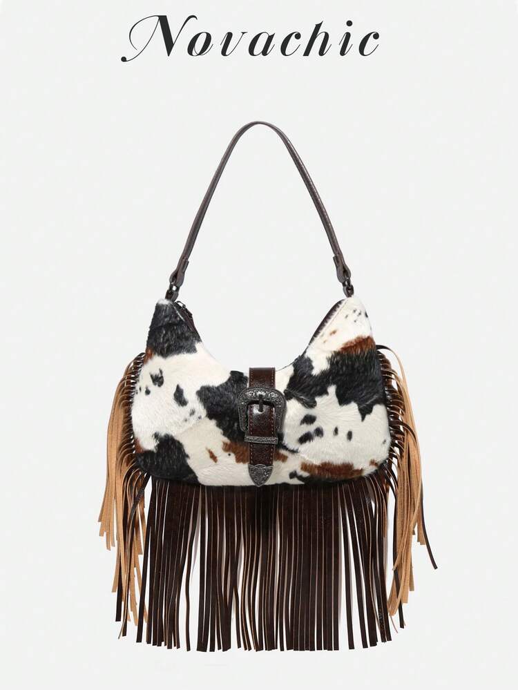 Novachic Bolsa de Ombro Feminina para Mulheres, Estilo Outono/Inverno, Camurça, Pelúcia Curta, Estampa de Vaca, Decoração de Fivela Retrô, Festival de Música, Estilo Boêmio, Adolescentes, Vintage, Retrô, Y2k, Estilo Ocidental, Borlas, Estampa de Vaca, Simples, Versátil, Doce e Legal - Multicolorido - Visão 1