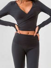 Women's Ballet Wrap Tops V Neck Long Sleeve Slim Fit Self Tie Workout Pilates Yoga Wrap Tops Y2k Dance Shirt - 黑色 - 查看 2